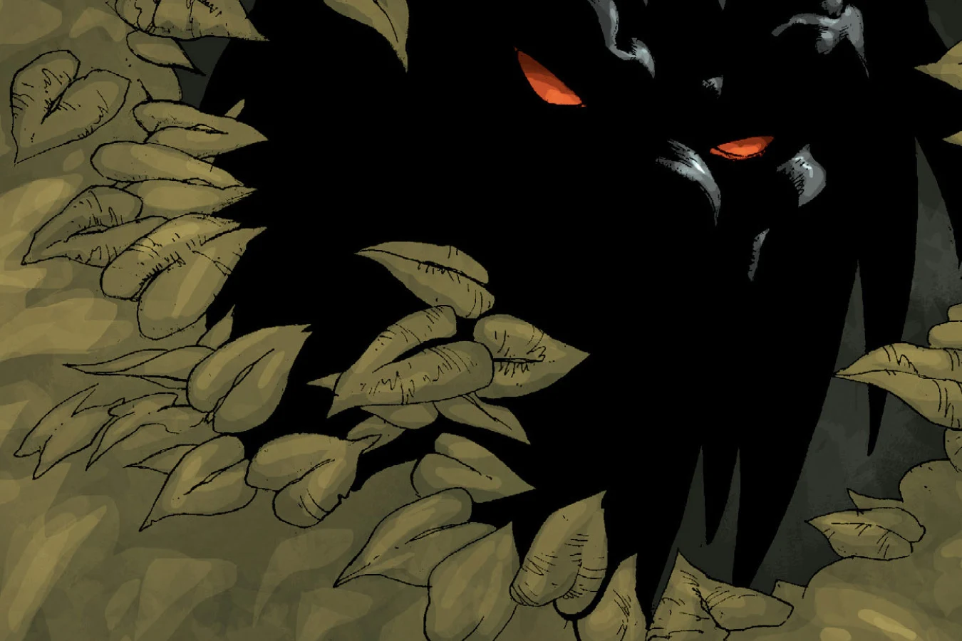 Red eyes glow from the darkness of the jungle foliage in Predator: Prey to the Heavens