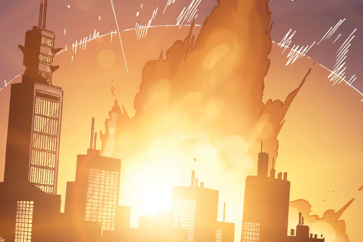 A shell explodes in a fireball behind the towers of the city at night in Predator: Prey to the Heavens