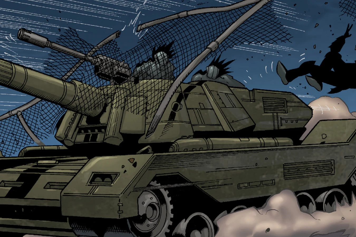 The GDS tank smashes through the compound fence as Predators leap at it in Predator: Prey to the Heavens