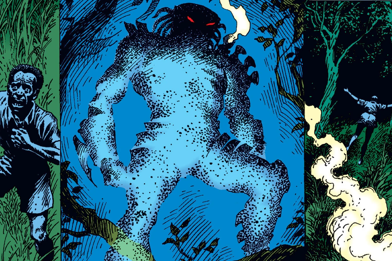 The cloaked Forest Devil standing in a tree with glowing red eyes between panels of fleeing railway workers in Predator: The Pride at Nghasa