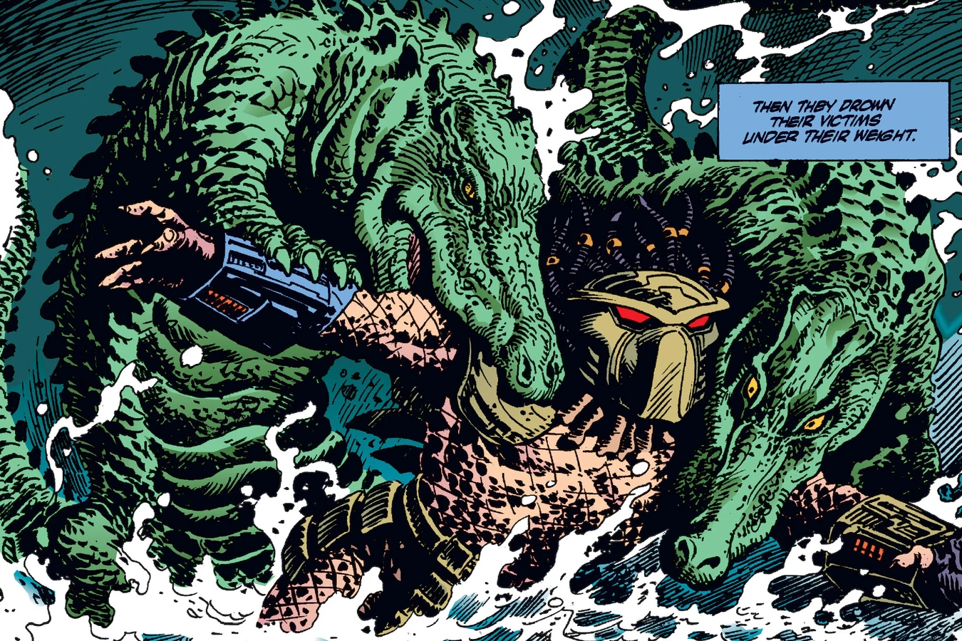 Two crocodiles clamping onto the Predator and dragging it under the churning water in Predator: The Pride at Nghasa