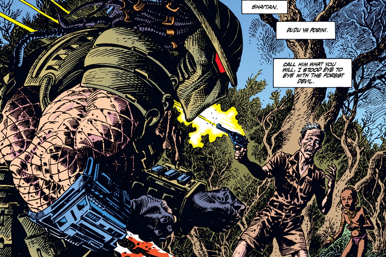 The Forest Devil in the foreground with bloody wristblades as Johnny Copeland fires his revolver with the village girl behind him in Predator: The Pride at Nghasa