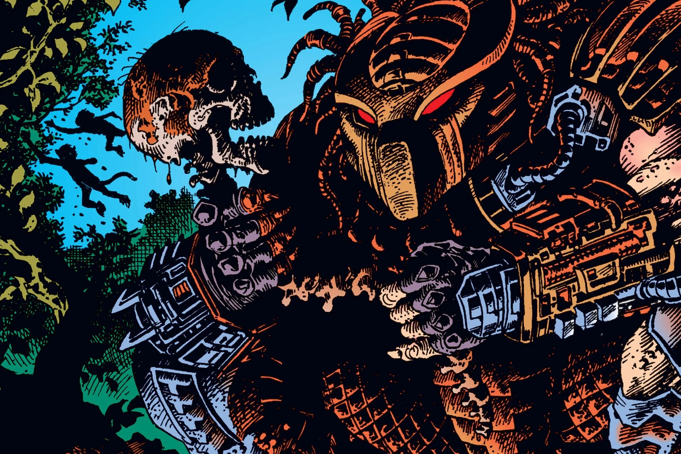 The masked Forest Devil raising a bloody human skull among jungle trees in Predator: The Pride at Nghasa