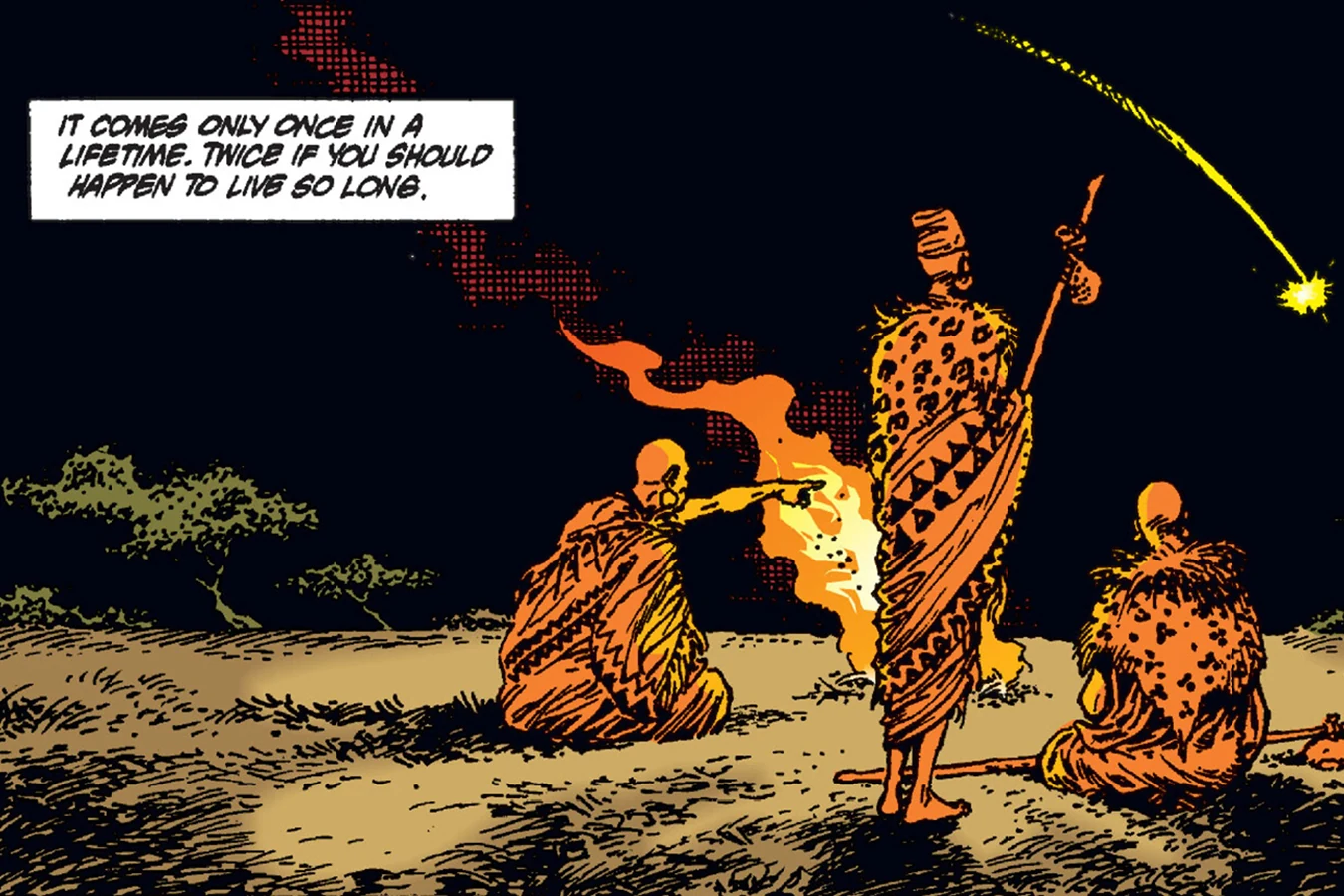 Three robed mystics around a fire on the plain at night as a bright streak crosses the sky in Predator: The Pride at Nghasa