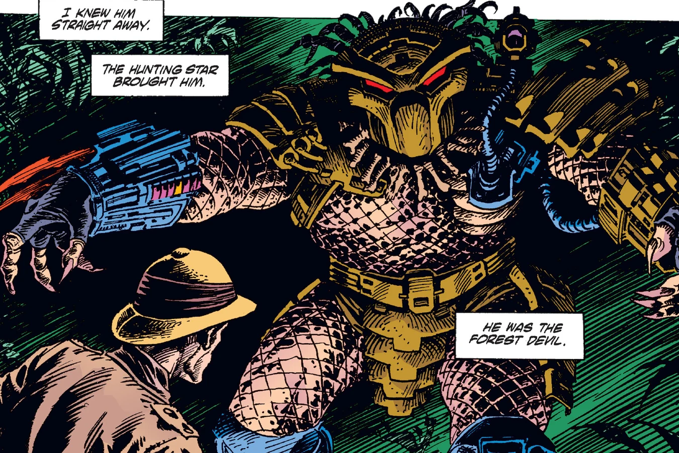 The Forest Devil looming over Johnny Copeland in the jungle with its wristblades raised in Predator: The Pride at Nghasa
