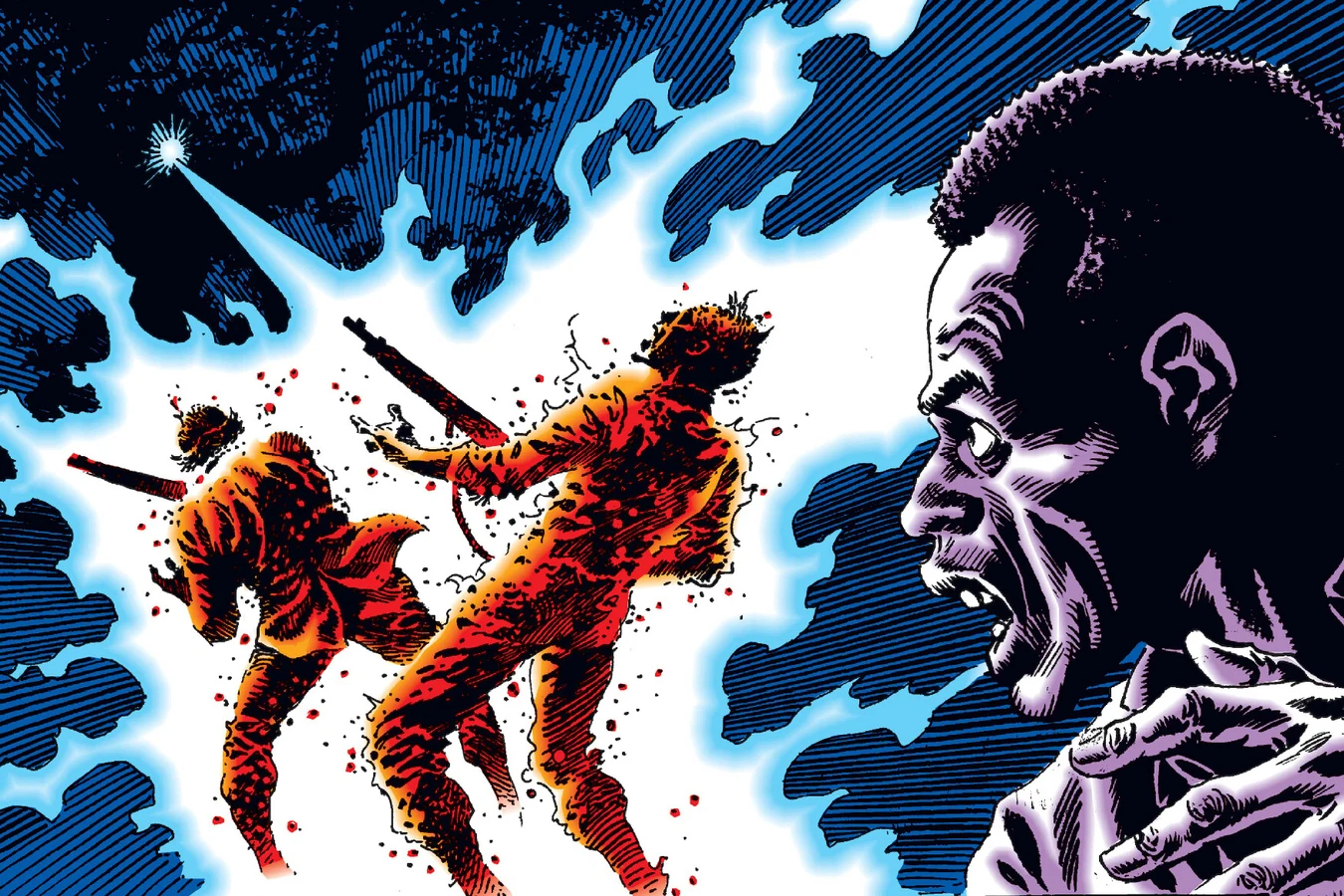 A bolt of light from the trees blasting two armed railway workers apart as a terrified man watches in Predator: The Pride at Nghasa