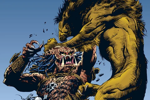 Val Mayerik and Perry McNamee's cover art of the Predator wrestling a lion on the savanna, from Predator: Jungle Tales #1