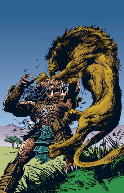 Val Mayerik and Perry McNamee's cover for Predator: Jungle Tales #1 (1995), with the Predator wrestling a lion on the savanna