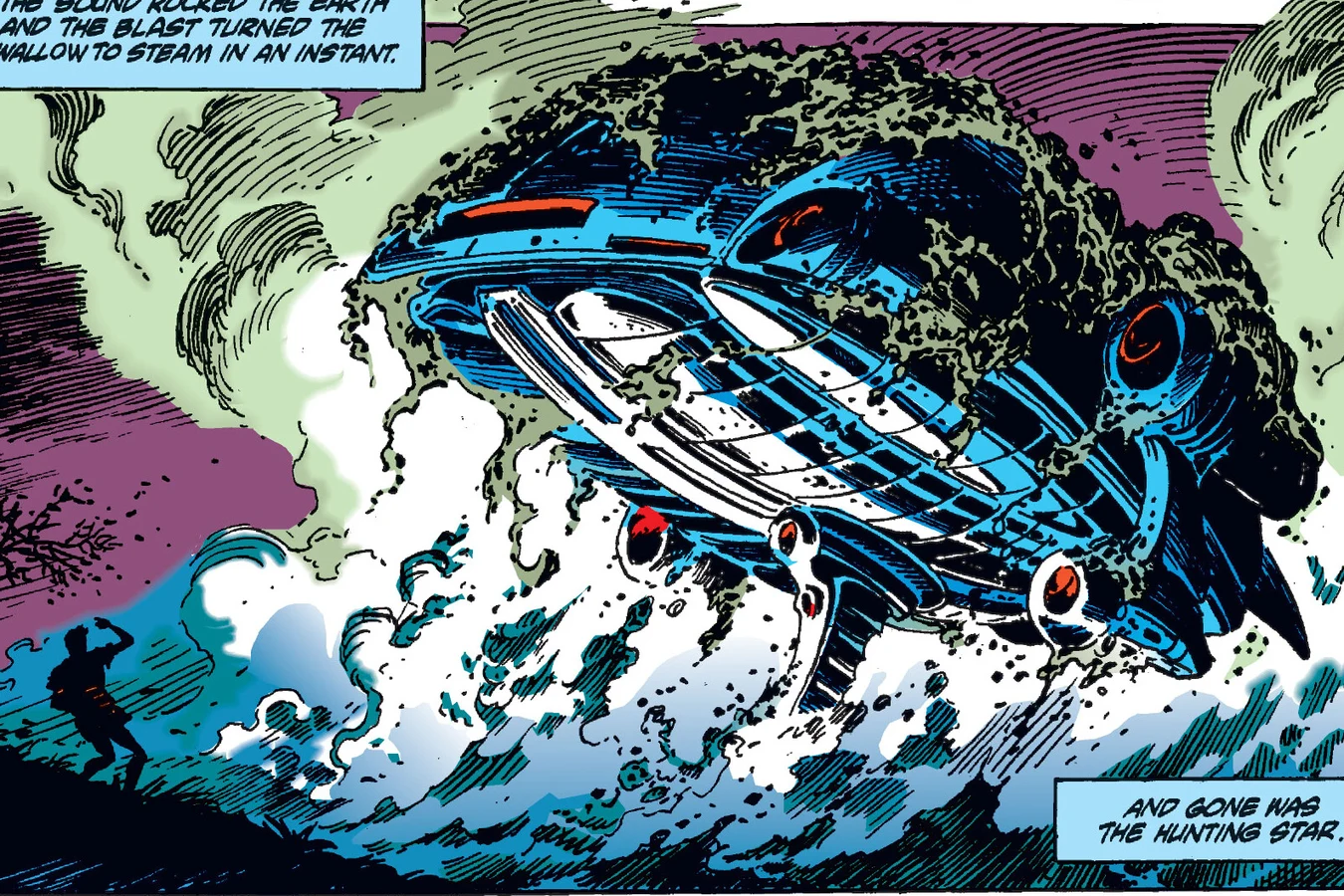 The Predator ship bursting out of the muddy wallow in a cloud of steam as Johnny Copeland watches in Predator: The Pride at Nghasa