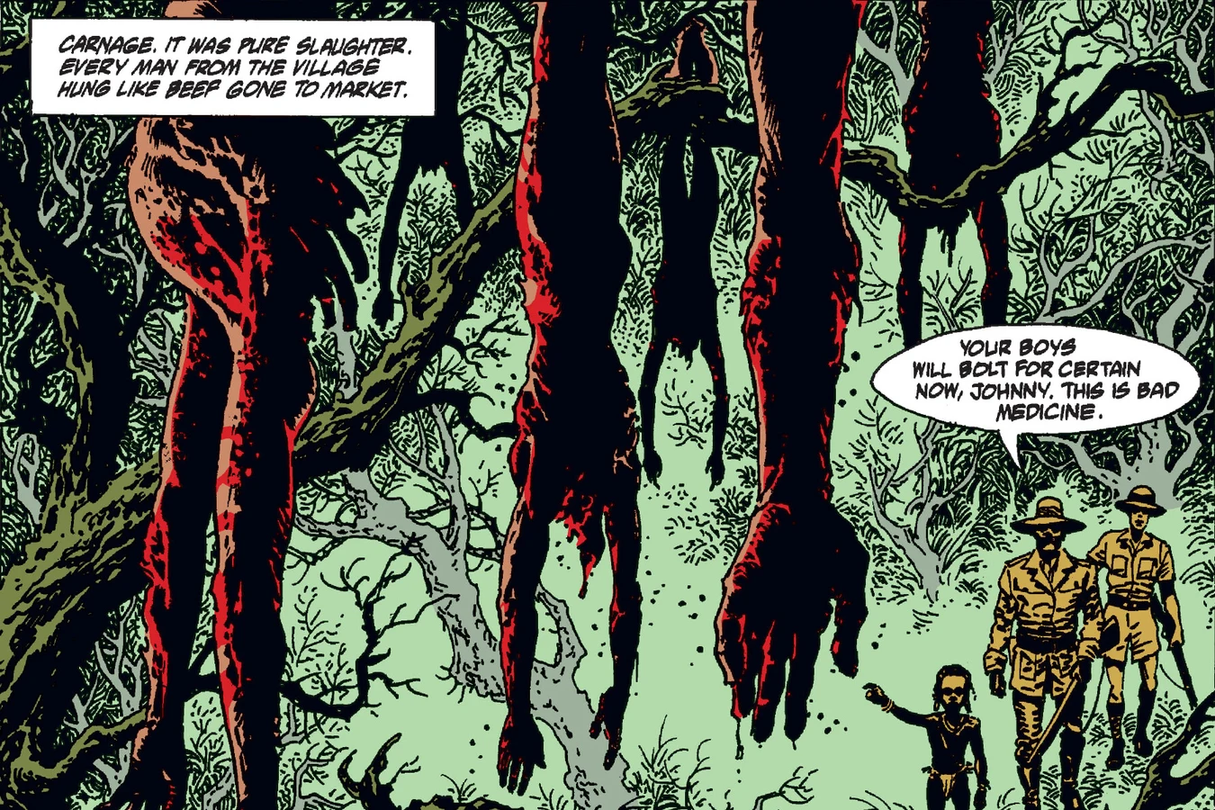 Bloody bodies of the village men hanging from tree branches as the girl leads the hunters into the bush in Predator: The Pride at Nghasa