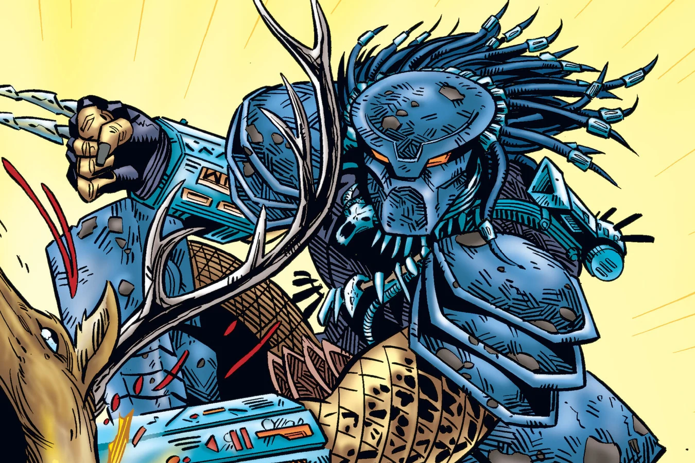 A Predator in blue armor pounces on a deer in an Alaskan meadow, from Predator: Primal