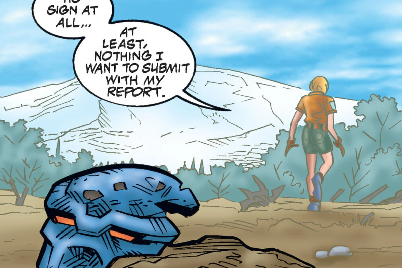 A Predator bio-mask lies half-buried in dirt while Forest Ranger Anna walks away toward mountains, from Predator: Primal