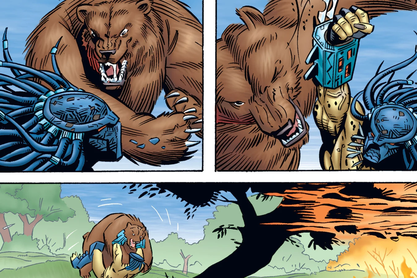A Predator and grizzly clash near forest fire in Alaska, from Predator: Primal