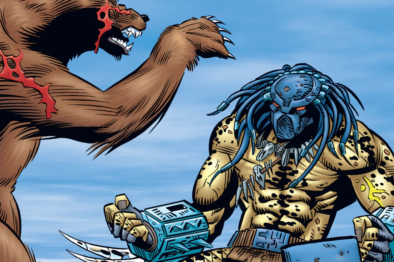 A Predator with wrist blades faces a rearing wounded grizzly in close combat, from Predator: Primal