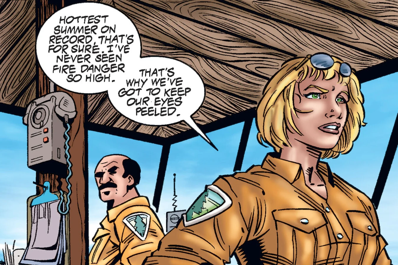 Forest Rangers Anna and Glen inside a U.S. Forestry Service fire observation tower in Alaska, from Predator: Primal
