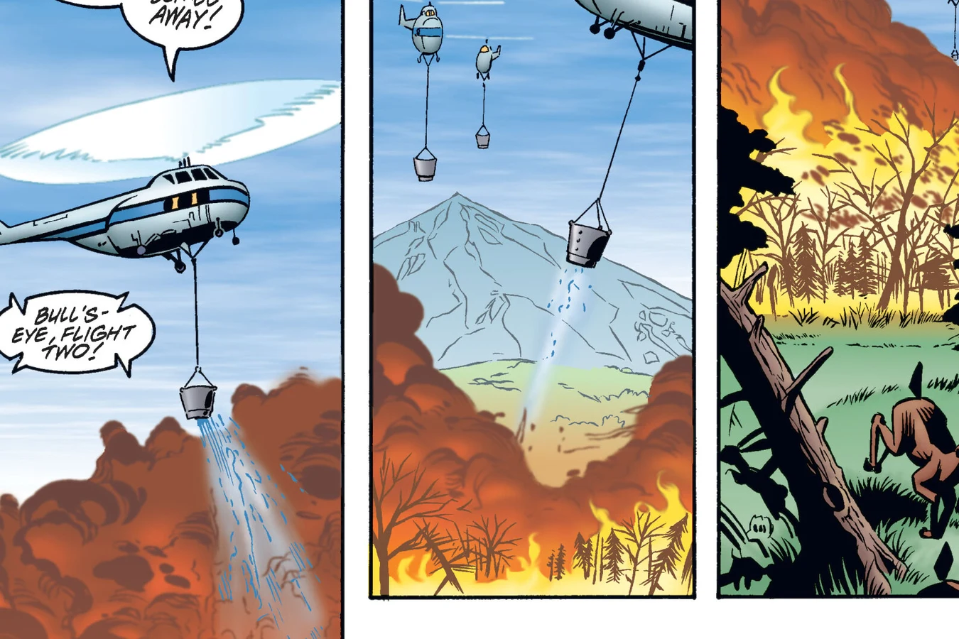 Forestry Service helicopters make water-drop runs over a burning Alaskan forest, from Predator: Primal