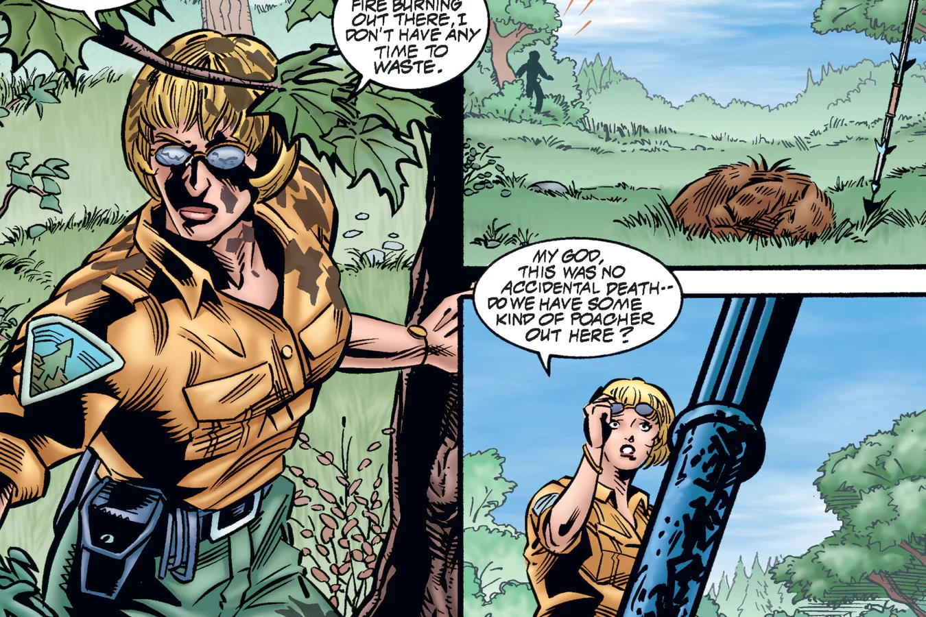 Forest Ranger Anna crouches in Alaskan woods examining a kill site, from Predator: Primal