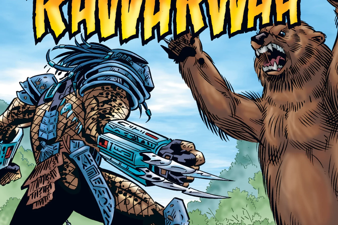A Predator with wrist blades faces a rearing grizzly bear in an Alaskan clearing, from Predator: Primal