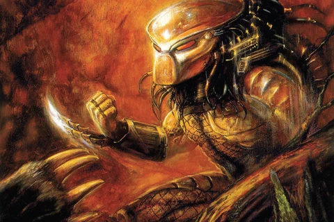 Bob Eggleton's cover for Predator: Primal #1, with a masked Predator facing a grizzly bear claw against a fiery wilderness background