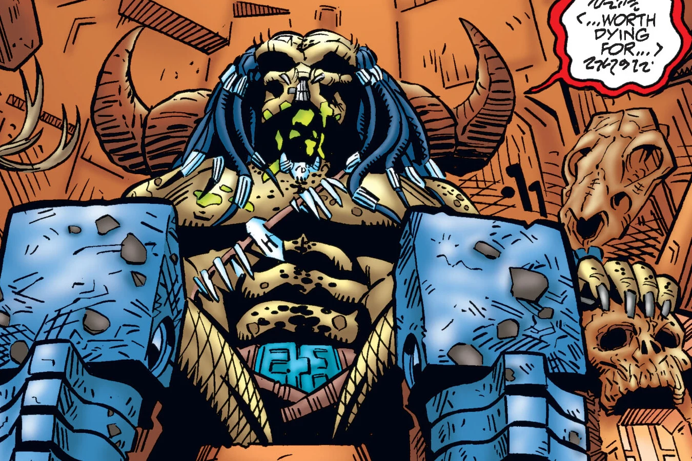 A wounded Predator sits on a skull-armrest throne in its trophy chamber, from Predator: Primal
