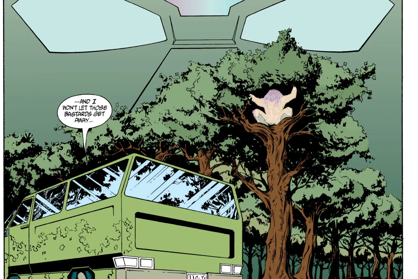 A cloaked Predator watches from a tree as the task force green van sits on a dirt road at the end of Predator: Race War