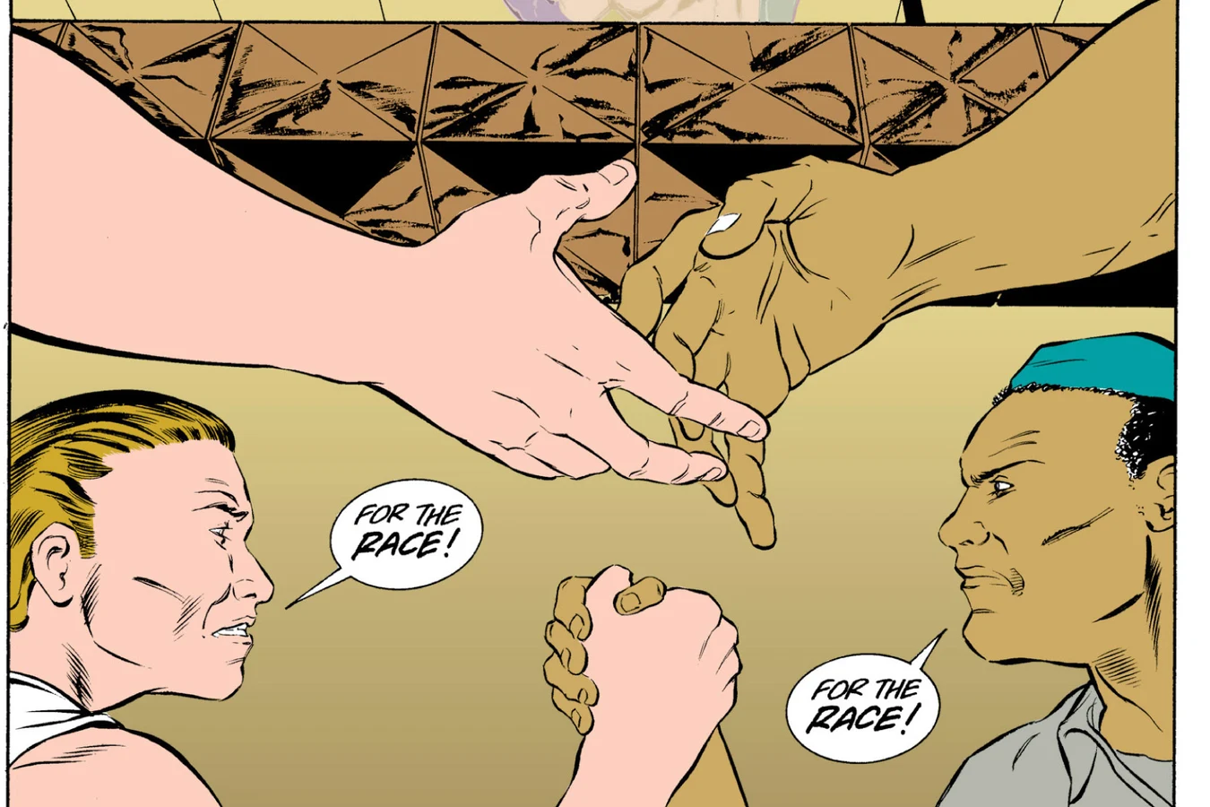 Rival black and white inmates clasp hands in a three-way pact and shout for the race while uniting against the Predator