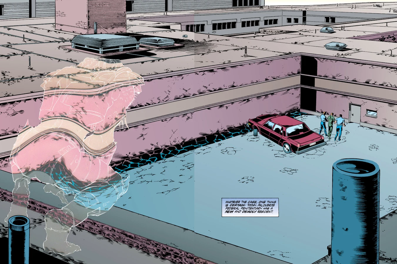 High-angle view of the Paloverde courtyard with a cloaked Predator on a roof watching a maroon car and new arrivals