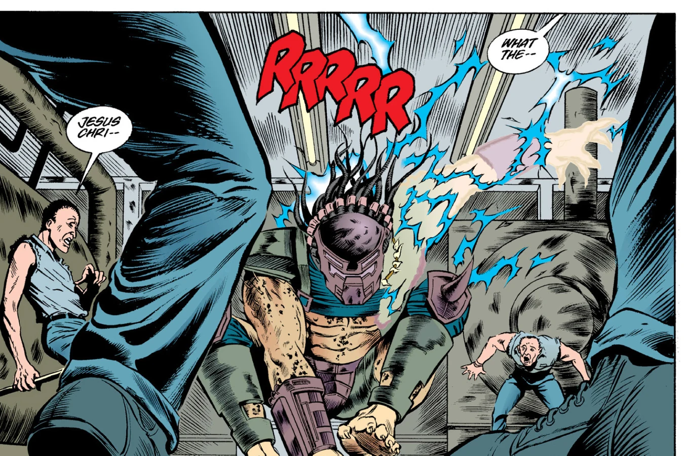 A Predator decloaks with blue energy and a RRRRR roar among shocked inmates in the Paloverde showers