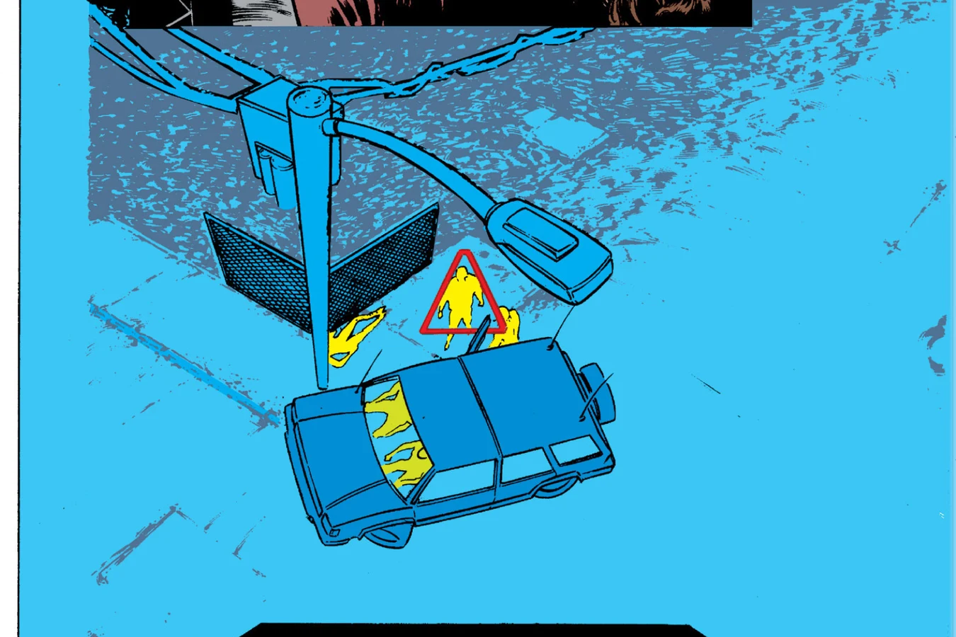 Predator night-vision view of a street and car with yellow heat silhouettes and a red targeting reticle