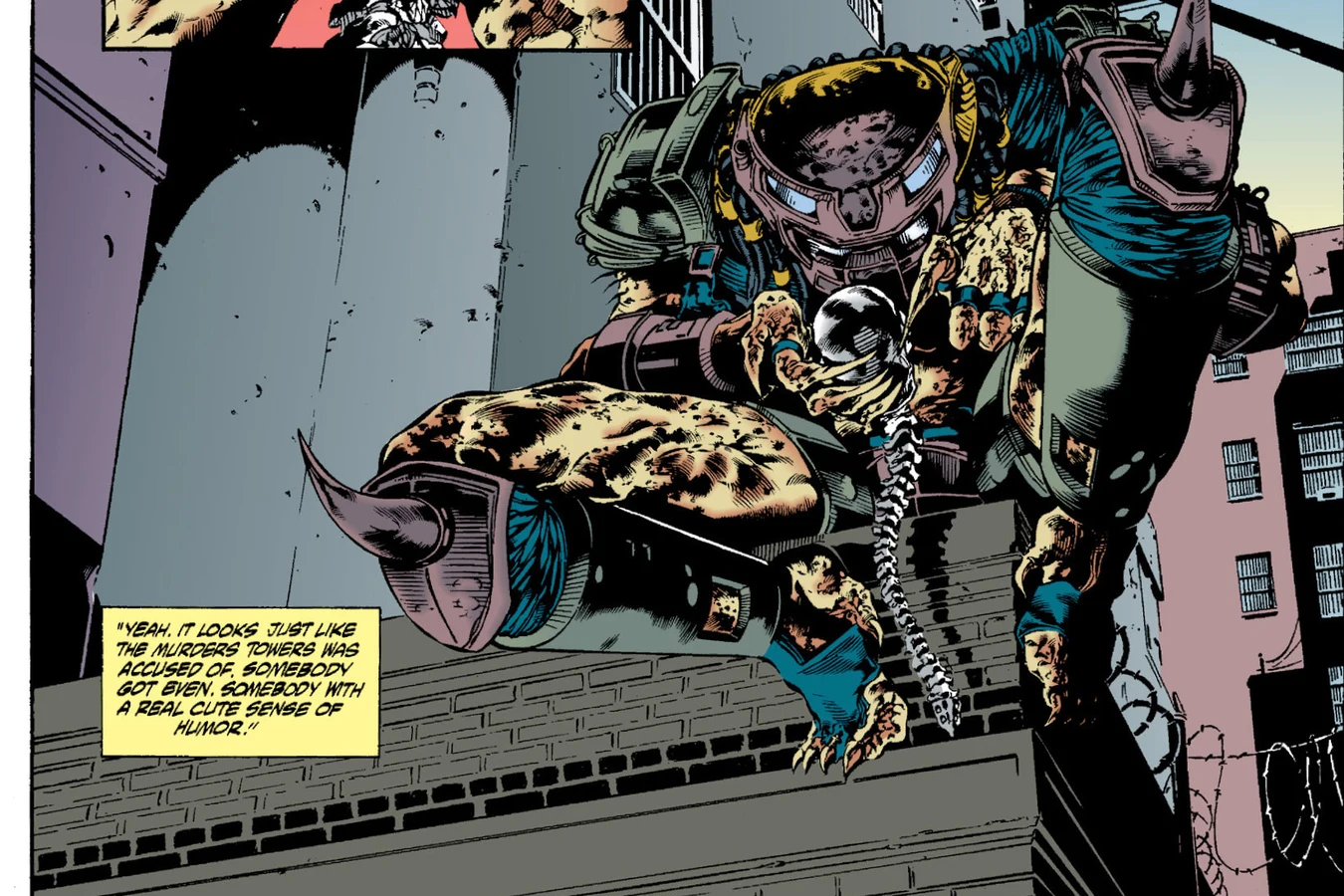 A Predator crouches on a rooftop ledge holding a human skull and spine trophy above the city after the Towers murder