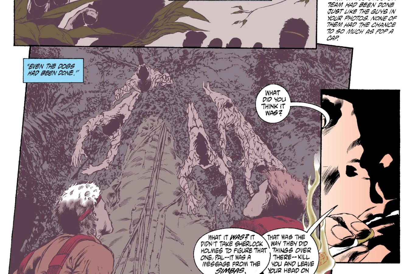 Skinned human bodies hang upside down from a tree in an Angola jungle flashback from Predator: Race War