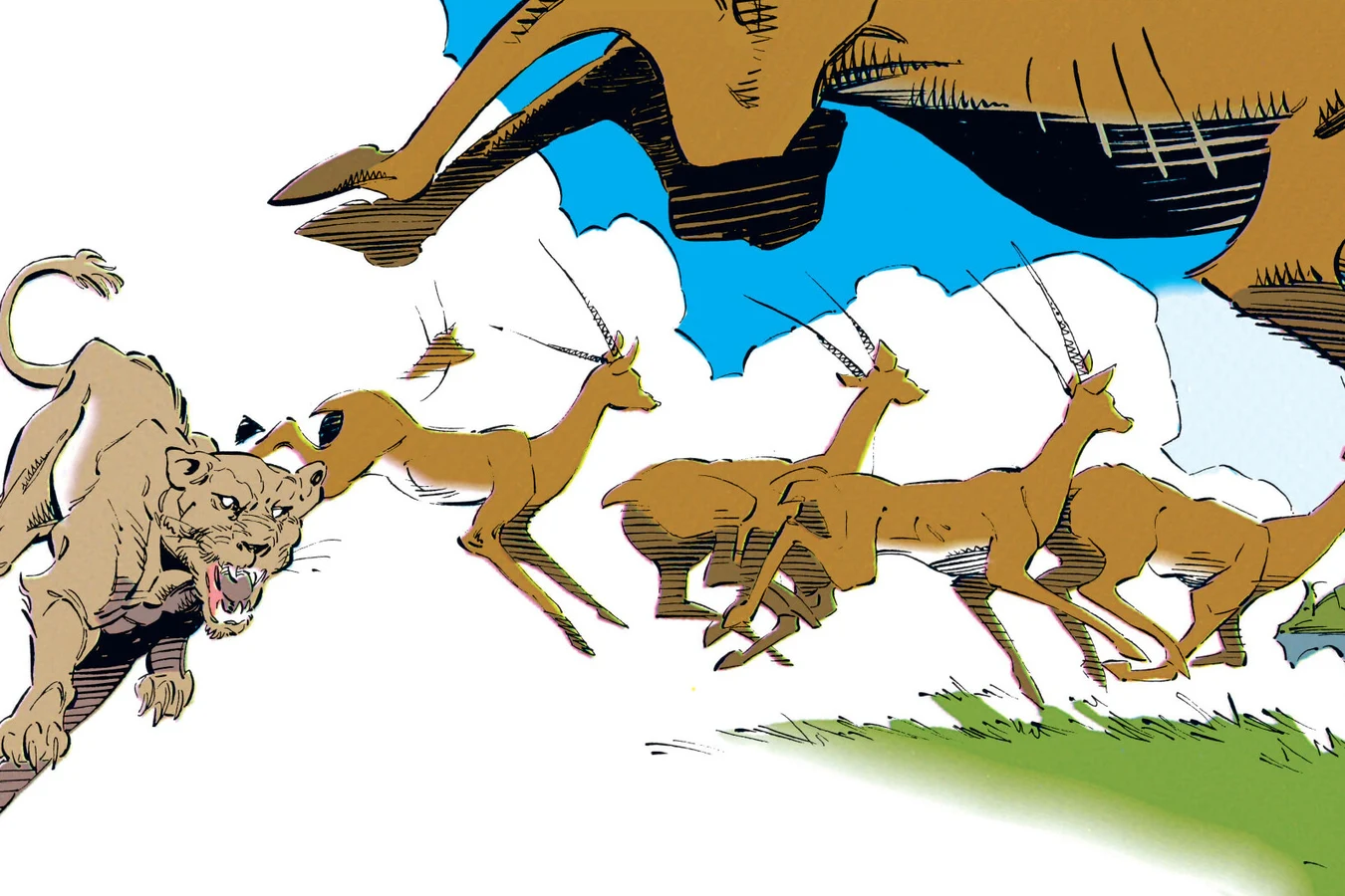 A lioness chasing a herd of leaping gazelles across the grassland in Predator: Rite of Passage