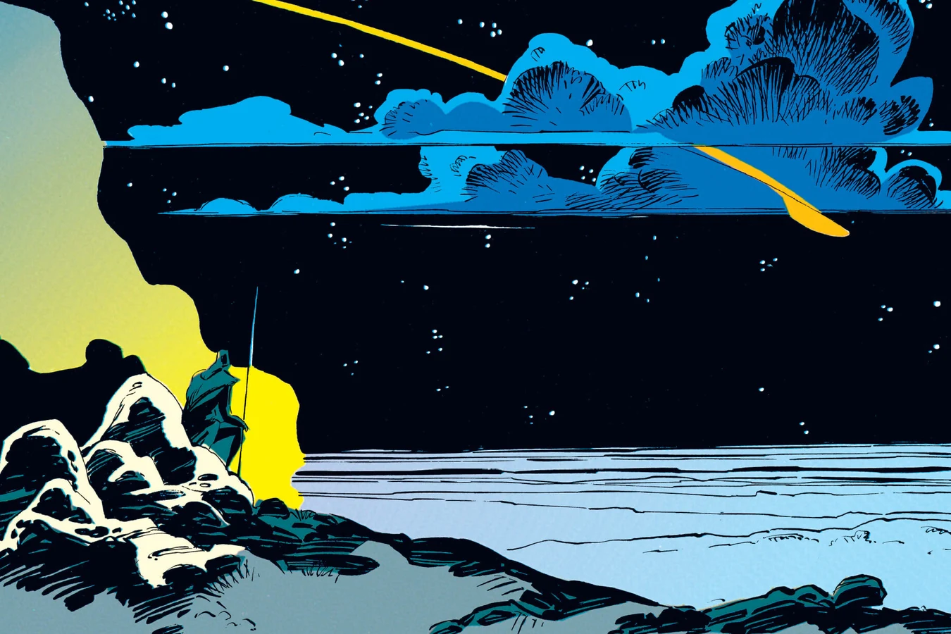 A lone warrior on a moonlit clifftop watching a streak of light cross the night sky in Predator: Rite of Passage