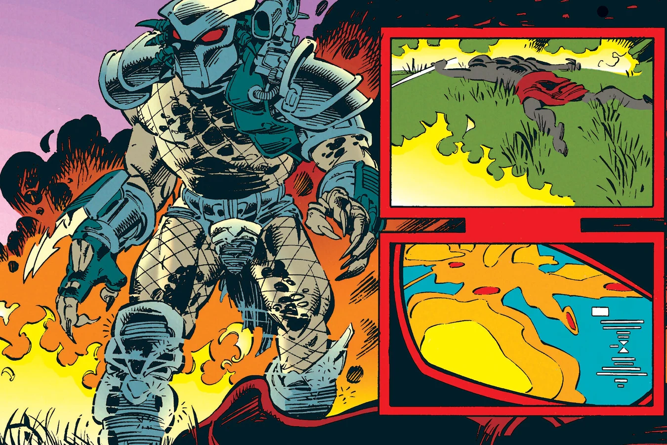 The armored Predator walking out of the flames while its thermal vision shows the warrior lying in the grass in Predator: Rite of Passage