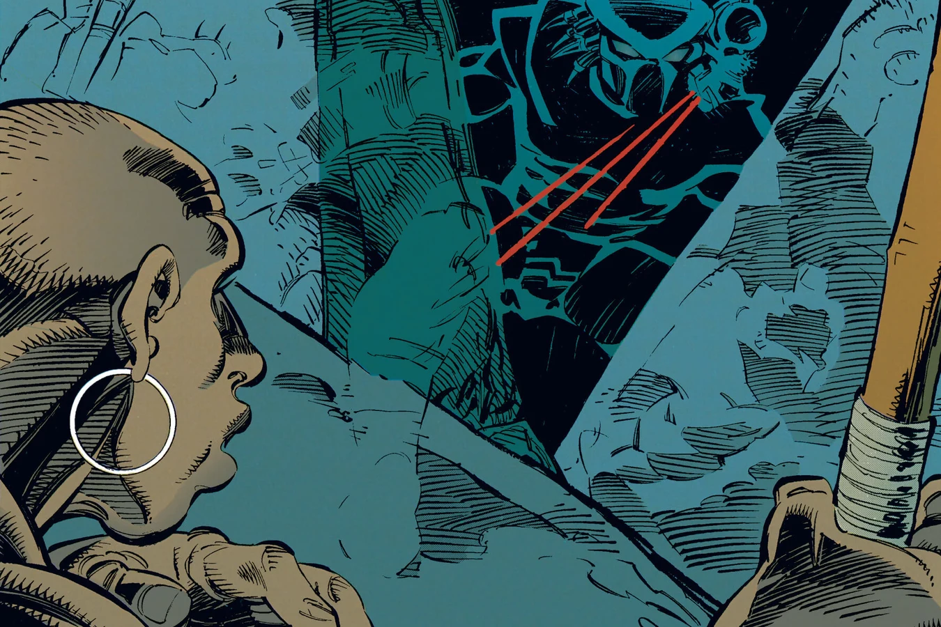 The warrior turning to see a shimmering Predator aiming its targeting laser from the rocks in Predator: Rite of Passage