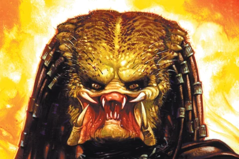 Dave Dorman's painting of a snarling, unmasked Predator in front of a wall of fire, from the cover of Dark Horse Comics #1