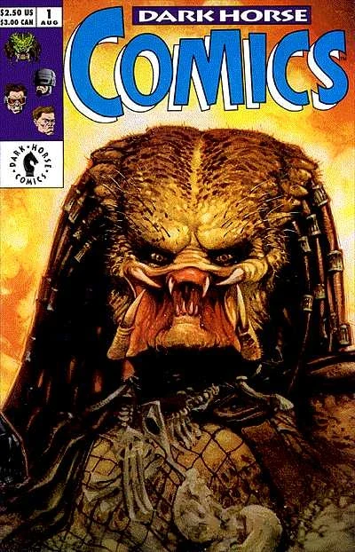 Dave Dorman's cover for Dark Horse Comics #1 (August 1992), with a snarling, unmasked Predator in front of a wall of fire