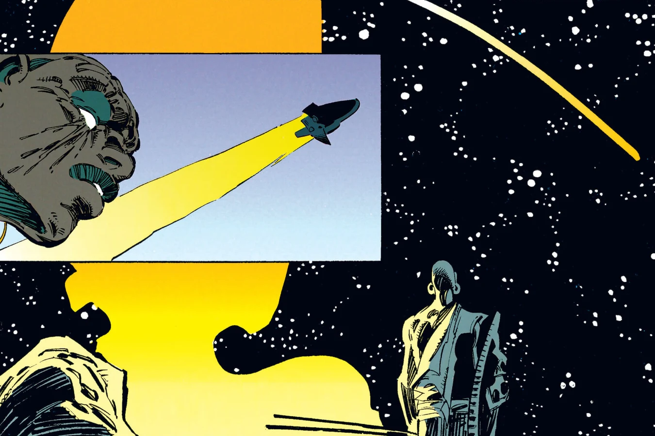 The warrior watching the Predator ship climb into the sky before standing on a starlit ridge in Predator: Rite of Passage