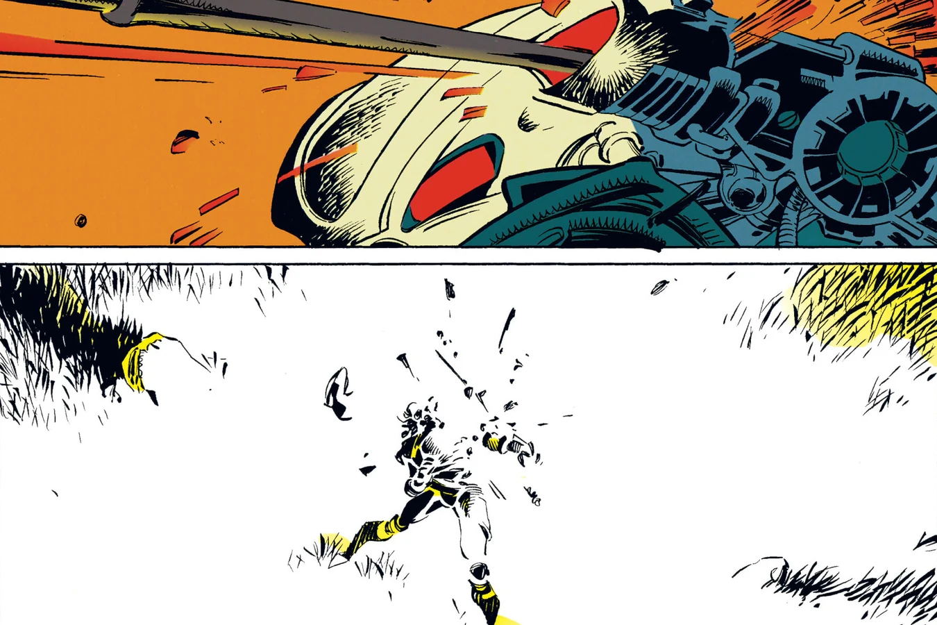A spear striking a Predator's mask and shoulder cannon, then the cannon exploding and flinging the Predator across the grass in Predator: Rite of Passage