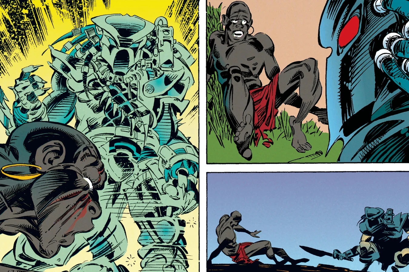 Two Predators shimmering into view above the wounded young warrior in Predator: Rite of Passage