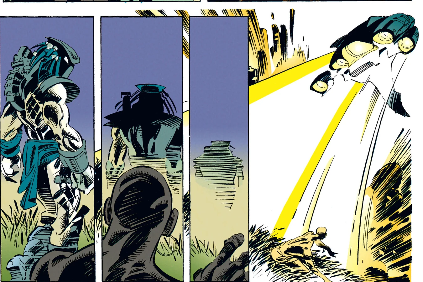 A Predator walking away and fading out of sight behind a young warrior, then the Yautja ship with a fin on its underside rising on beams of yellow light over the savanna grass