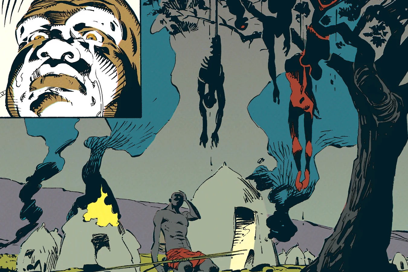 The young warrior sitting stunned in his burning village beneath skinned bodies hanging from a tree in Predator: Rite of Passage