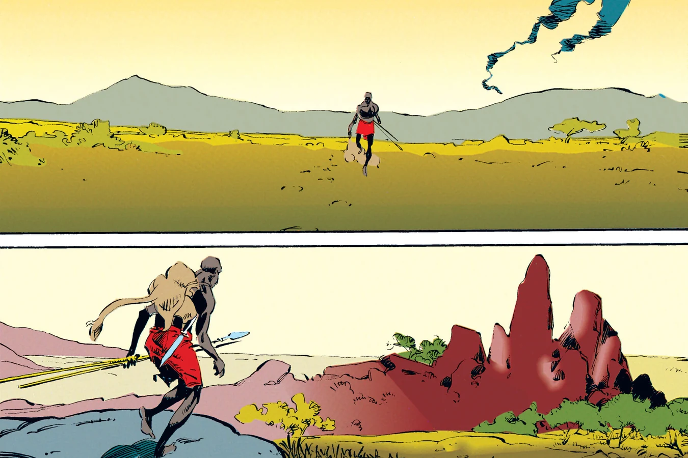 The young warrior crossing the savanna toward tall red rock spires in Predator: Rite of Passage