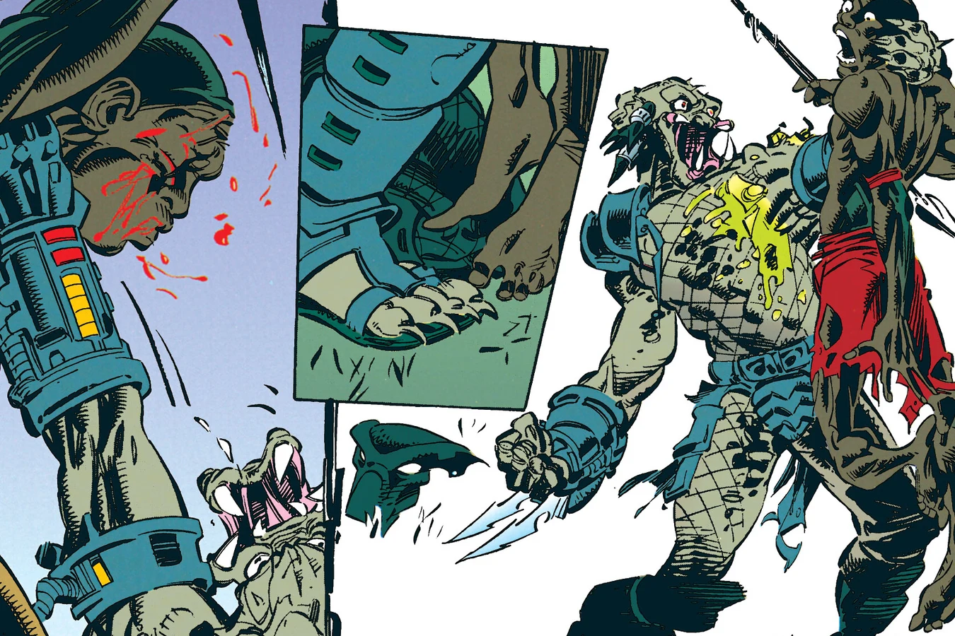 The unmasked Predator rising with a spear in its chest and lifting the bloodied warrior off the ground in Predator: Rite of Passage