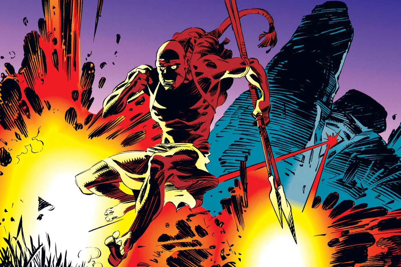The young warrior leaping through plasma explosions while a targeting laser tracks him in Predator: Rite of Passage