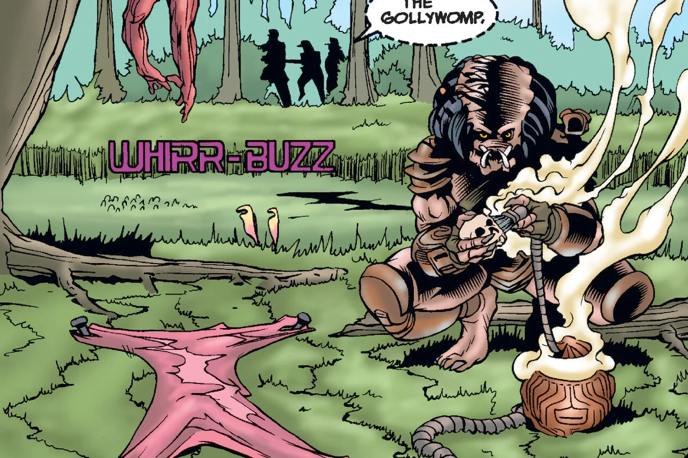 An unmasked Predator crouching over a steaming pot as it cleans a skull, with a human skin pegged out on the ground beside it
