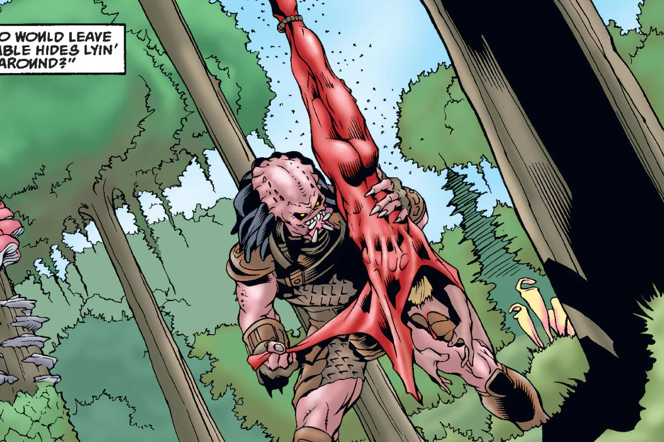 A Predator hanging a skinned red body from a tree in the swamp forest, with a caption about valuable hides left lying around