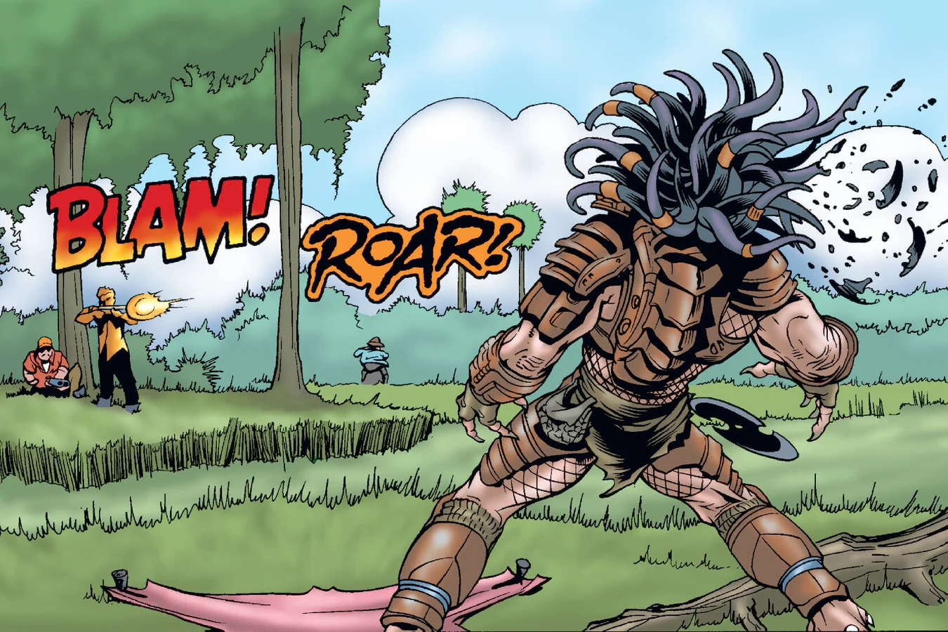 The Predator roaring as a shotgun blast tears through its dreadlocks, with the blond trapper firing from the trees