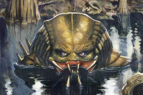 Paul Lee's painting of a Predator's head rising from dark swamp water among cypress trees, from Predator: Strange Roux