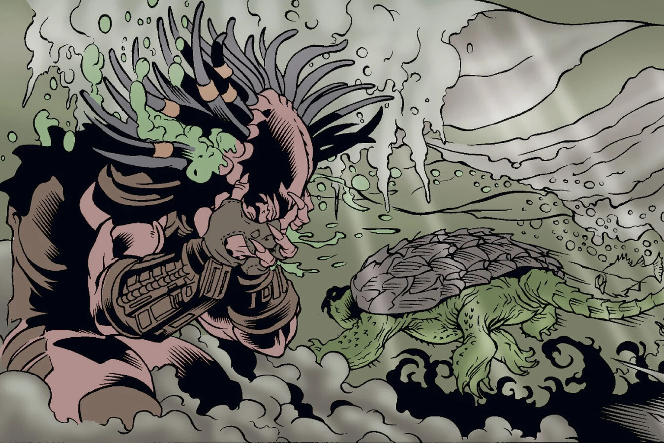The wounded Predator rising out of the swamp water beside a snapping turtle, its face covered in green blood